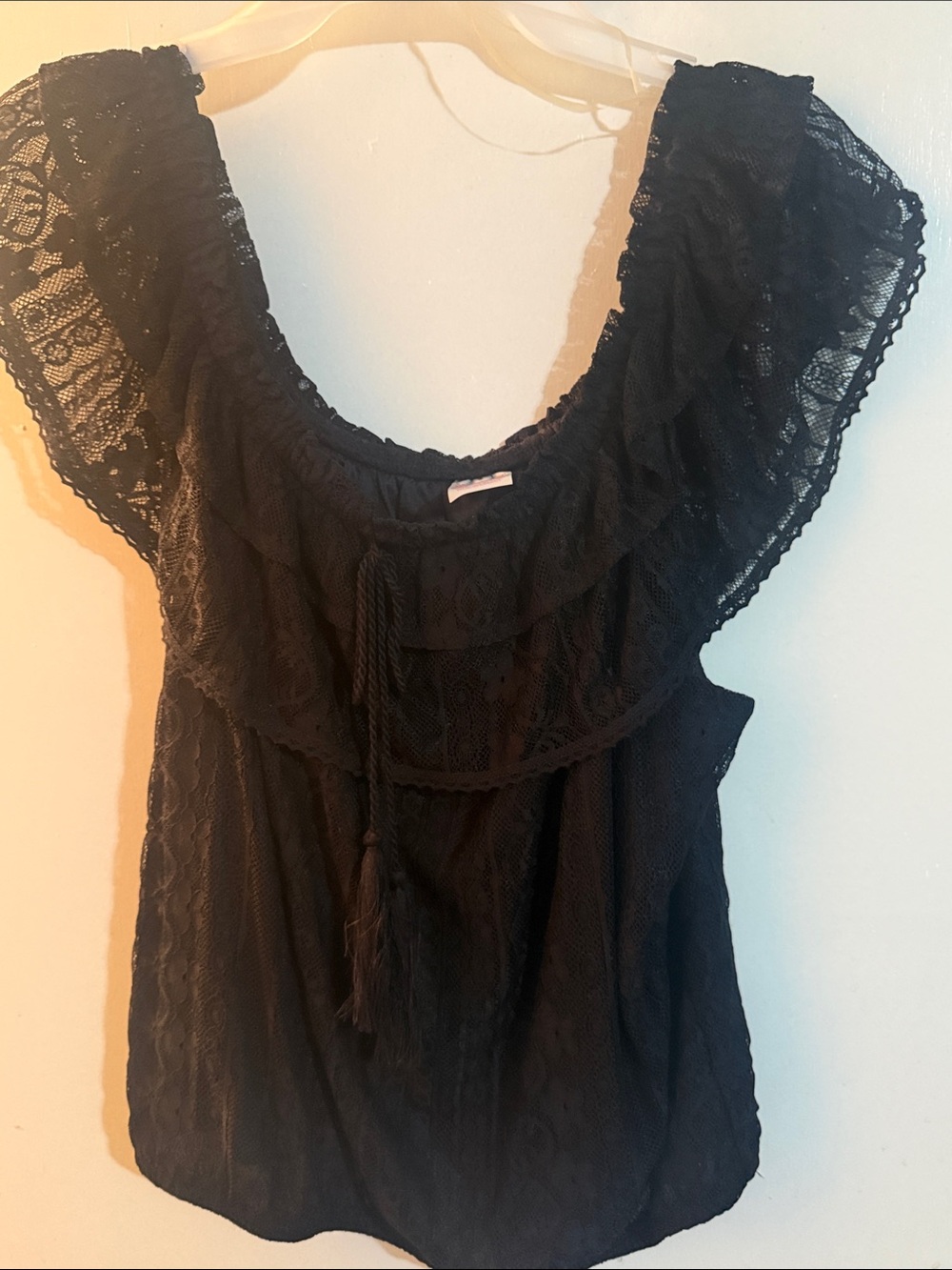 No Boundaries Black Lace Ruffle Blouse with Tassel Tie
